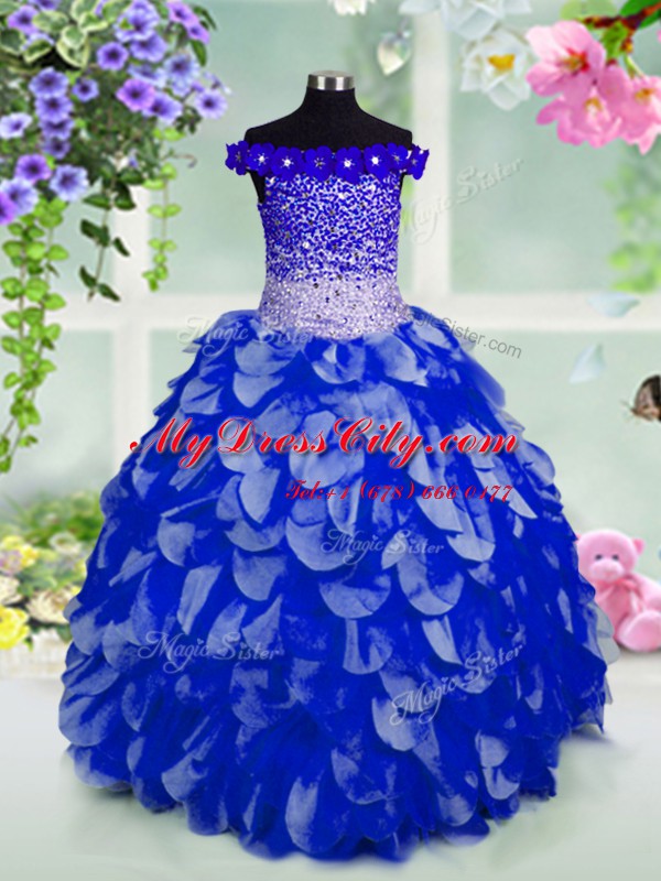 Off the Shoulder Floor Length Royal Blue Winning Pageant Gowns Organza Sleeveless Beading and Hand Made Flower