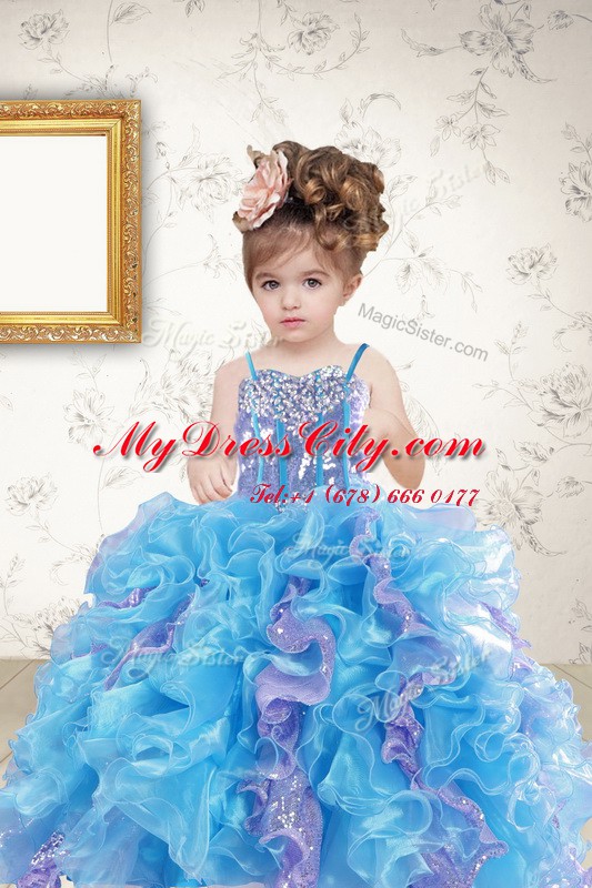 Organza Sleeveless Floor Length Pageant Dress for Womens and Beading and Ruffles and Sequins