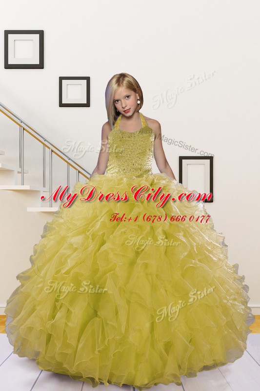 Light Yellow Halter Top Neckline Beading and Ruffles Pageant Dress Womens Sleeveless Lace Up