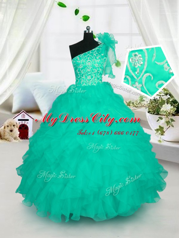 One Shoulder Sleeveless Floor Length Embroidery and Ruffles Lace Up Kids Formal Wear with Turquoise