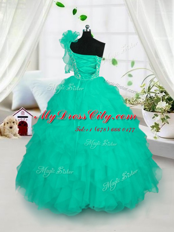 One Shoulder Sleeveless Floor Length Embroidery and Ruffles Lace Up Kids Formal Wear with Turquoise
