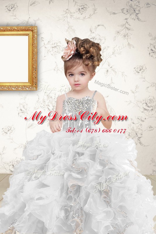 Spaghetti Straps Sleeveless Little Girls Pageant Gowns Floor Length Beading and Ruffles and Sequins Grey Organza