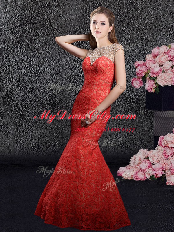 Mermaid Red Lace Zipper Bateau Cap Sleeves Floor Length Homecoming Dress Beading and Lace
