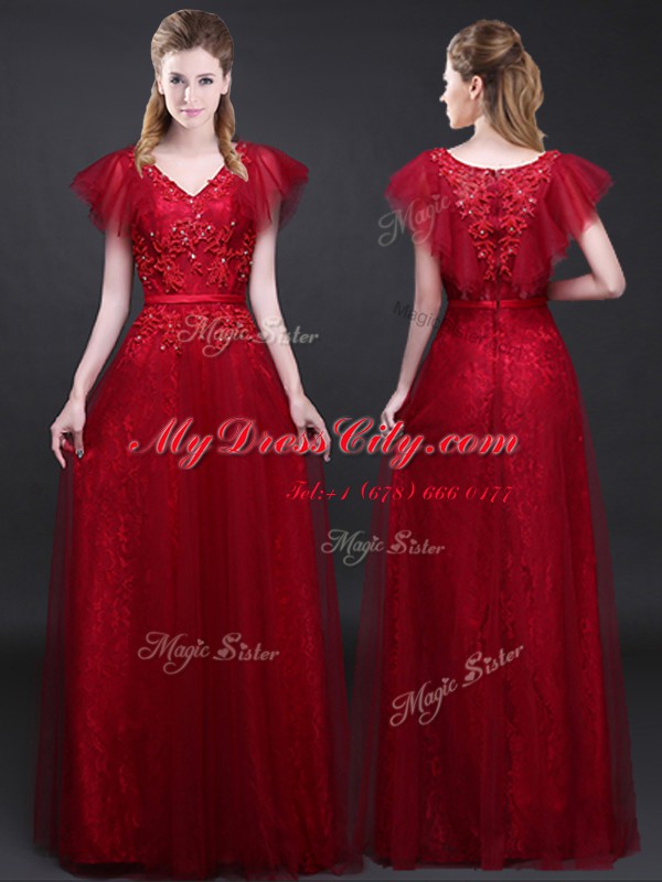 Designer Lace Short Sleeves Floor Length Appliques and Belt Zipper Evening Dress with Wine Red
