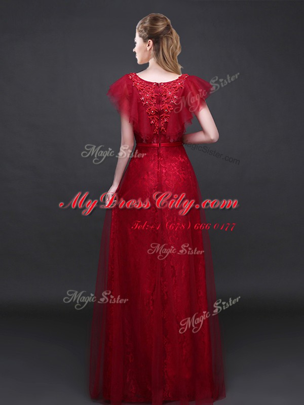 Designer Lace Short Sleeves Floor Length Appliques and Belt Zipper Evening Dress with Wine Red