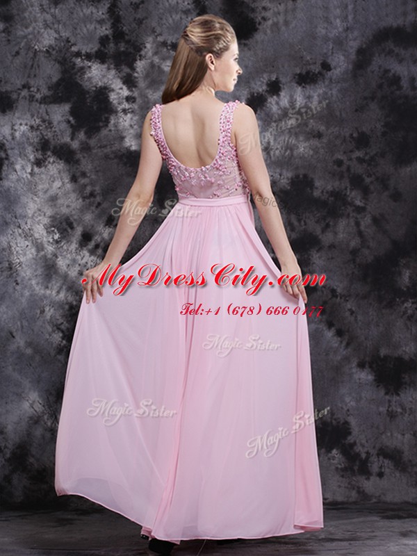 Designer Floor Length Side Zipper Evening Dress Baby Pink for Prom with Appliques and Bowknot