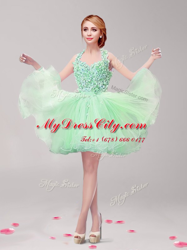 Decent Halter Top Backless Mini Length Apple Green Prom Dress Tulle Sleeveless Ruffles and Hand Made Flower