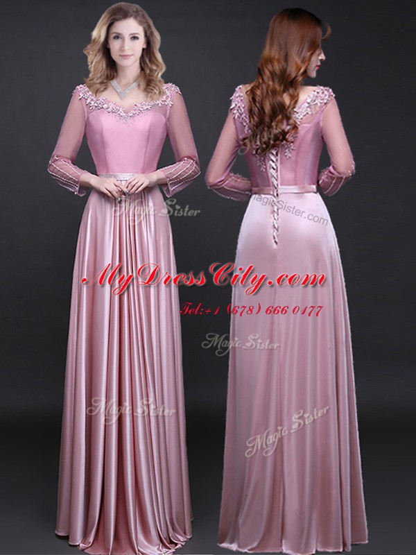 Delicate Floor Length Pink Prom Evening Gown Elastic Woven Satin Long Sleeves Appliques and Belt