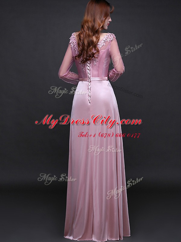 Delicate Floor Length Pink Prom Evening Gown Elastic Woven Satin Long Sleeves Appliques and Belt