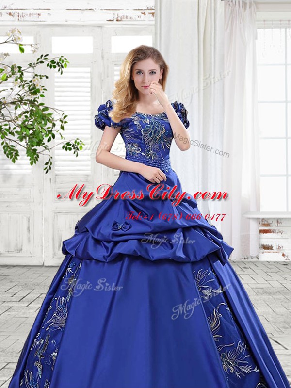 Off The Shoulder Cap Sleeves Taffeta Ball Gown Prom Dress Appliques and Pick Ups and Bowknot Lace Up