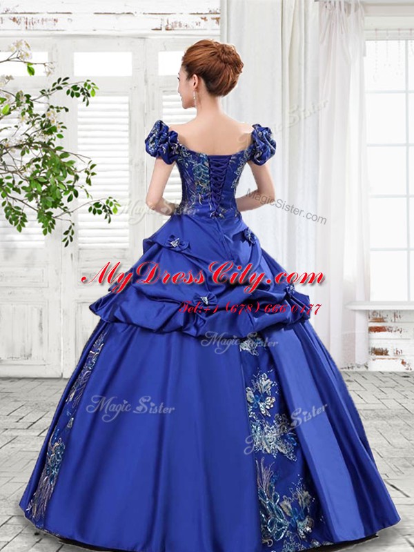 Off The Shoulder Cap Sleeves Taffeta Ball Gown Prom Dress Appliques and Pick Ups and Bowknot Lace Up