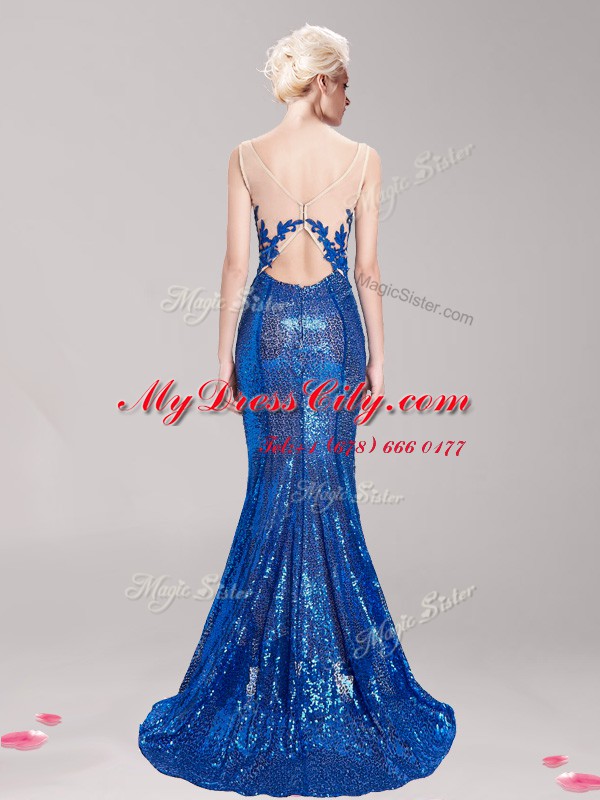 Pretty Mermaid Sequined Square Sleeveless Brush Train Clasp Handle Appliques and Sequins Formal Evening Gowns in Blue