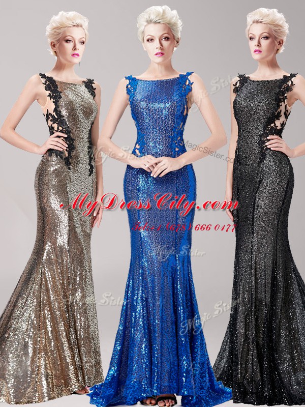 Pretty Mermaid Sequined Square Sleeveless Brush Train Clasp Handle Appliques and Sequins Formal Evening Gowns in Blue