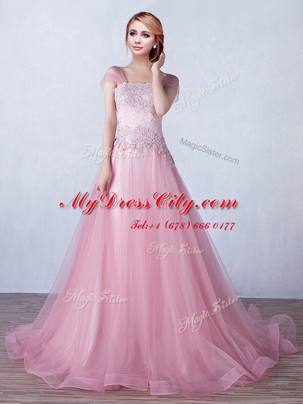 Decent Appliques Evening Dress Pink Lace Up Sleeveless With Brush Train