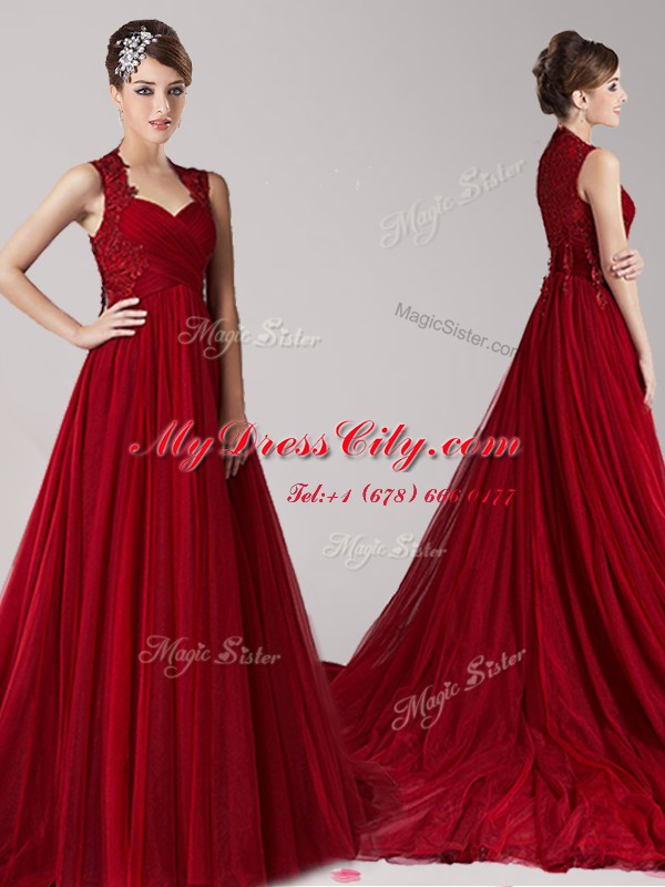 Custom Designed Straps Sleeveless Appliques Side Zipper Prom Party Dress with Wine Red Court Train
