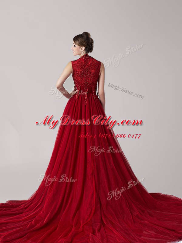 Custom Designed Straps Sleeveless Appliques Side Zipper Prom Party Dress with Wine Red Court Train