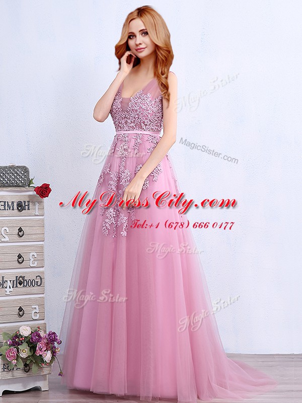 Dazzling Pink V-neck Neckline Appliques and Belt Prom Party Dress Sleeveless Backless