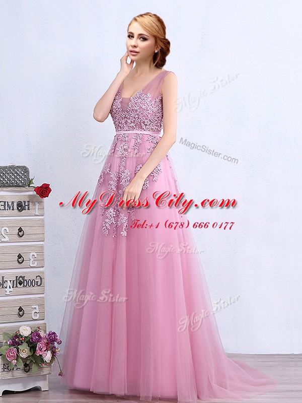 Dazzling Pink V-neck Neckline Appliques and Belt Prom Party Dress Sleeveless Backless