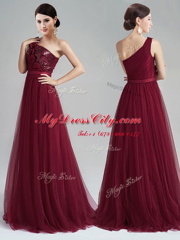 One Shoulder Tulle Sleeveless With Train Dress for Prom Brush Train and Appliques and Sequins and Belt