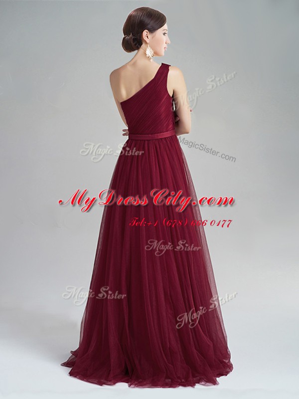 One Shoulder Tulle Sleeveless With Train Dress for Prom Brush Train and Appliques and Sequins and Belt