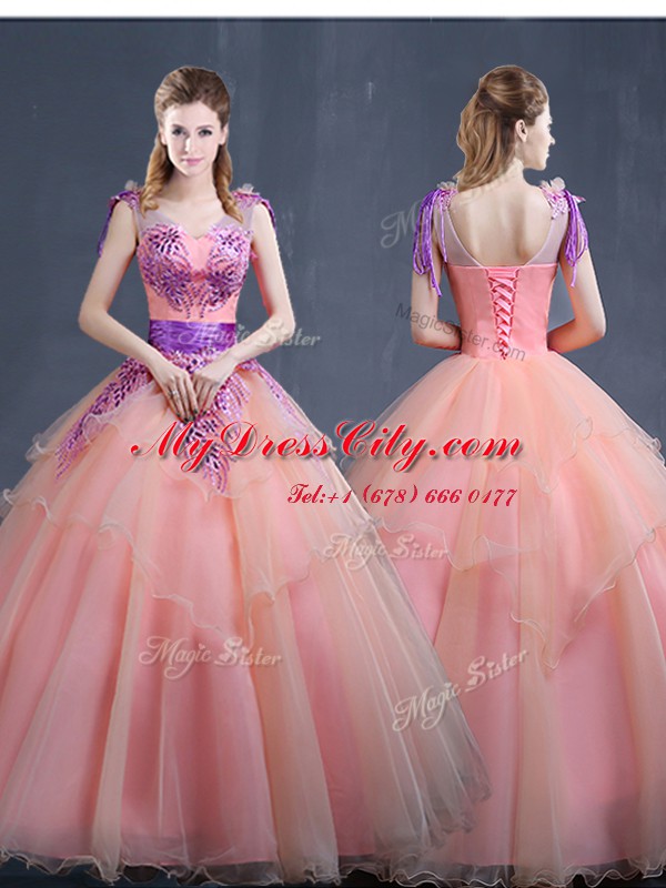 Watermelon Red Lace Up Quinceanera Gown Appliques Sleeveless Floor Length