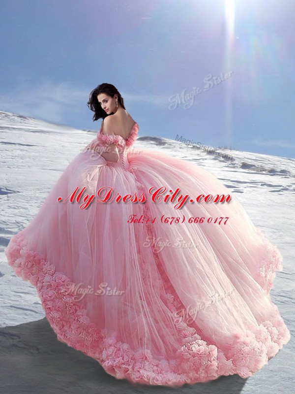 Off the Shoulder Tulle Cap Sleeves Sweet 16 Quinceanera Dress Court Train and Hand Made Flower