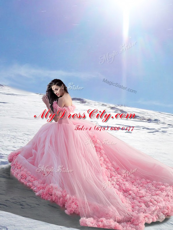 Off the Shoulder Tulle Cap Sleeves Sweet 16 Quinceanera Dress Court Train and Hand Made Flower