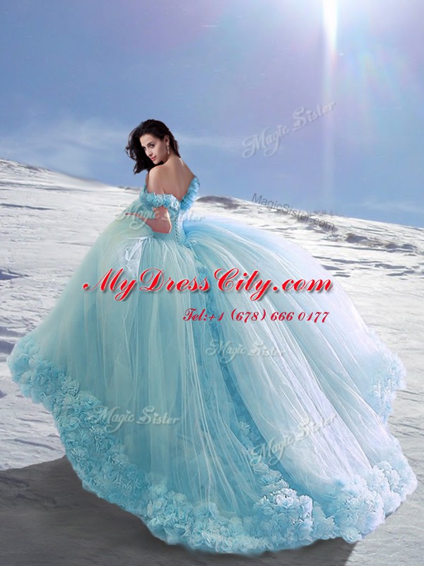 Wonderful Off the Shoulder Baby Blue Lace Up Quinceanera Dress Hand Made Flower Cap Sleeves Court Train