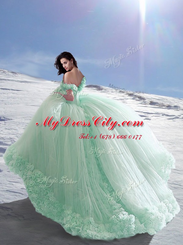 Off the Shoulder Lace Up Quinceanera Dress Apple Green for Military Ball and Sweet 16 and Quinceanera with Hand Made Flower Court Train