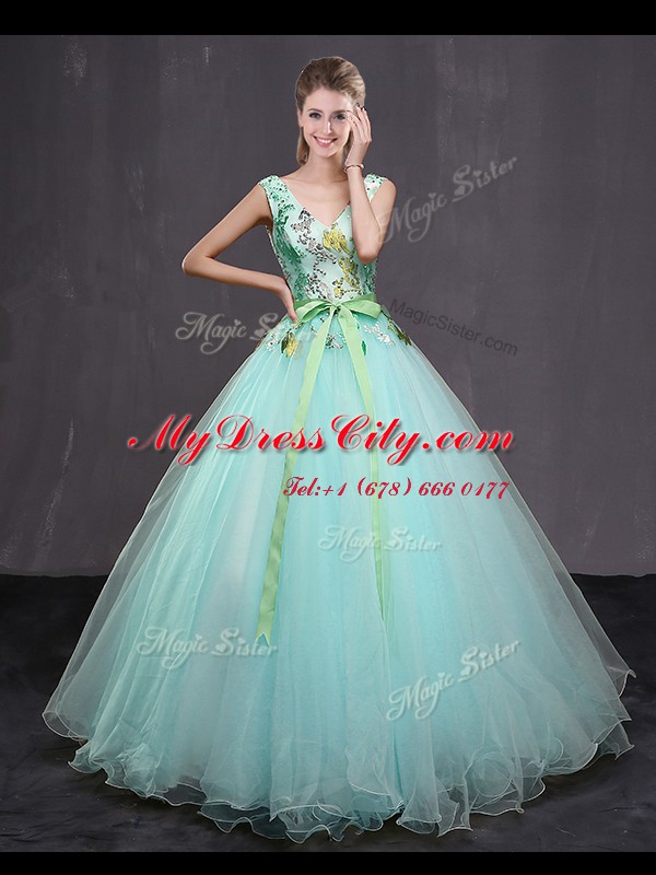 Sleeveless Lace Up Floor Length Appliques and Belt 15 Quinceanera Dress