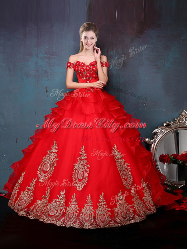 Hot Selling Off the Shoulder Beading and Appliques and Ruffles Quinceanera Dress Red Lace Up Sleeveless Floor Length