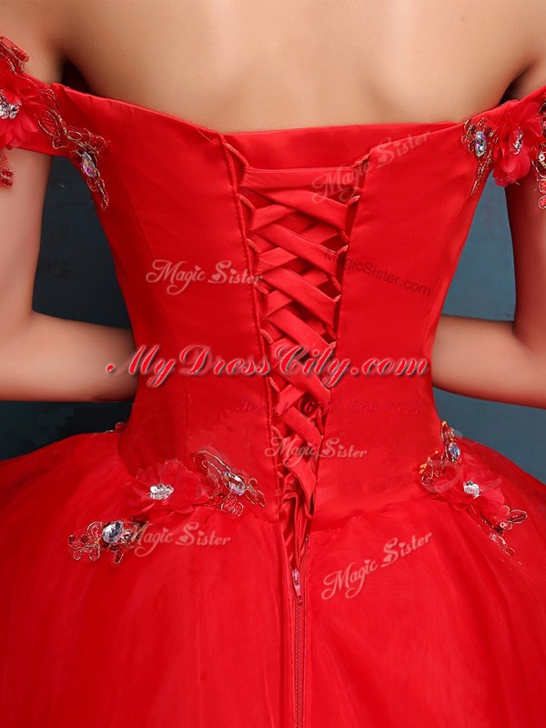 Hot Selling Off the Shoulder Beading and Appliques and Ruffles Quinceanera Dress Red Lace Up Sleeveless Floor Length