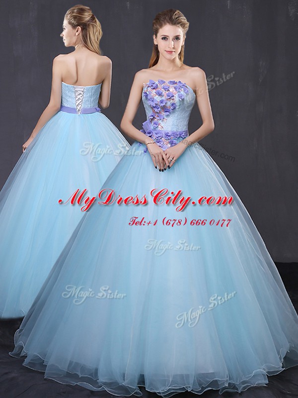 Spectacular Light Blue Ball Gowns Strapless Sleeveless Tulle Floor Length Lace Up Appliques and Belt Sweet 16 Dresses