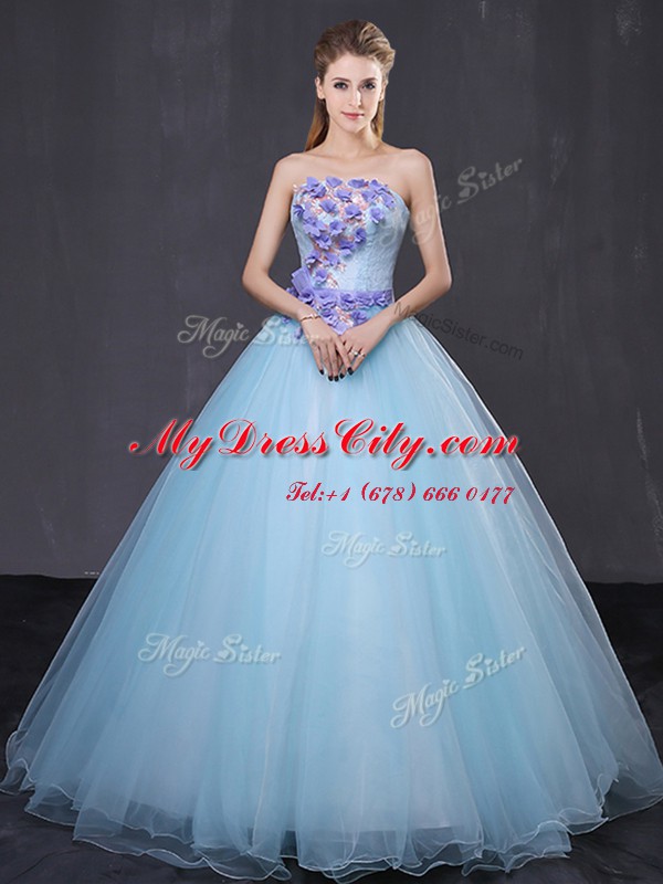 Spectacular Light Blue Ball Gowns Strapless Sleeveless Tulle Floor Length Lace Up Appliques and Belt Sweet 16 Dresses