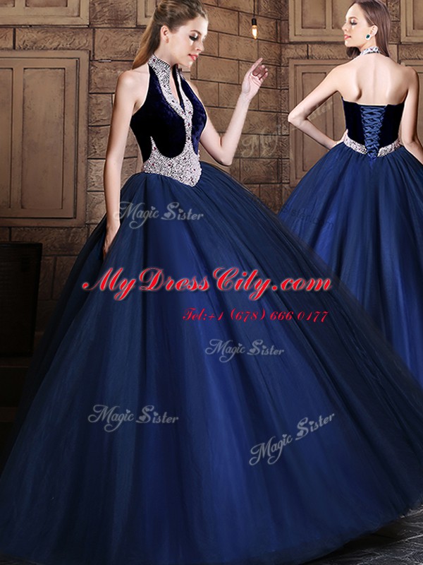 Halter Top Navy Blue Sleeveless Beading Floor Length Quinceanera Gowns