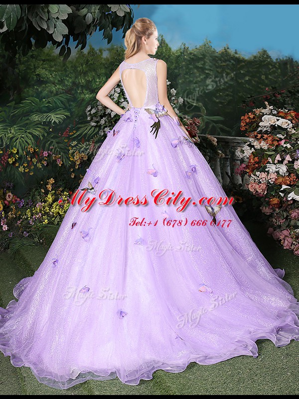 Amazing Lavender Quinceanera Gown Scoop Sleeveless Brush Train Lace Up