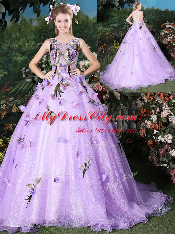 Amazing Lavender Quinceanera Gown Scoop Sleeveless Brush Train Lace Up