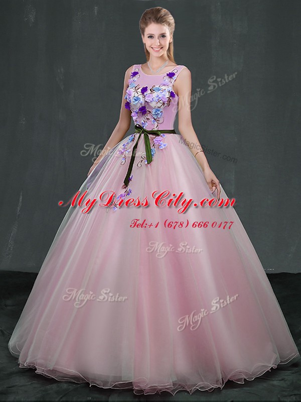 Colorful Pink Organza Lace Up Scoop Sleeveless Floor Length 15th Birthday Dress Appliques