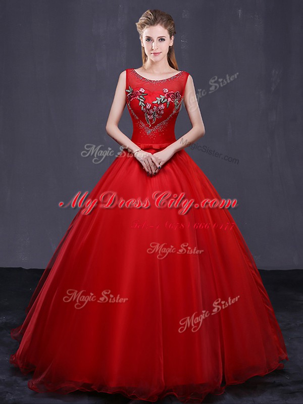 Modest Red Scoop Neckline Beading and Embroidery Sweet 16 Quinceanera Dress Sleeveless Lace Up