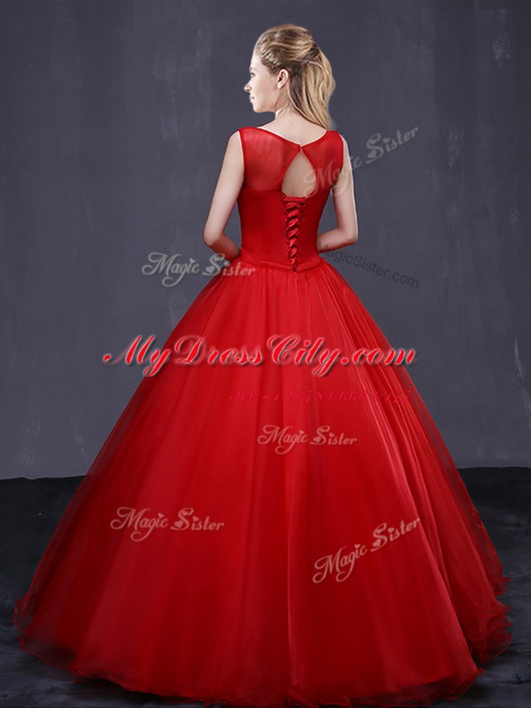 Modest Red Scoop Neckline Beading and Embroidery Sweet 16 Quinceanera Dress Sleeveless Lace Up