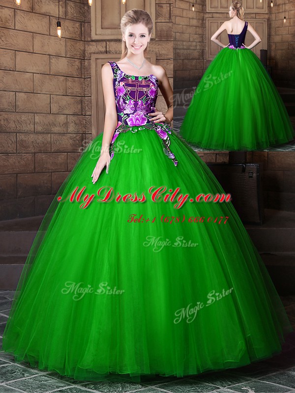 Nice One Shoulder Sleeveless Pattern Lace Up 15 Quinceanera Dress