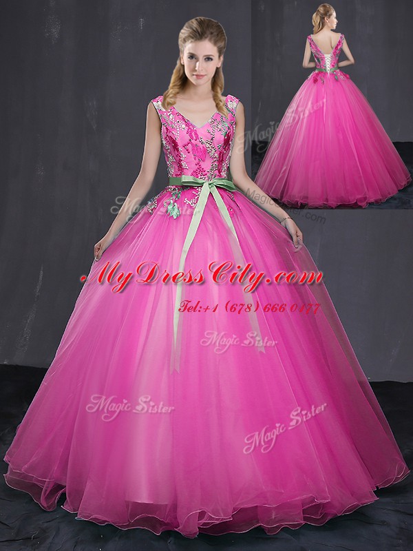 Gorgeous Sleeveless Appliques and Belt Lace Up 15th Birthday Dress