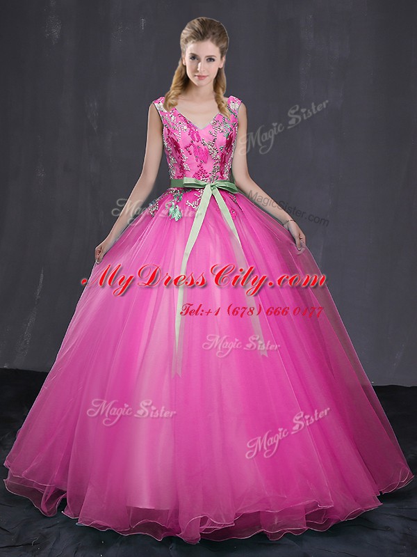 Gorgeous Sleeveless Appliques and Belt Lace Up 15th Birthday Dress