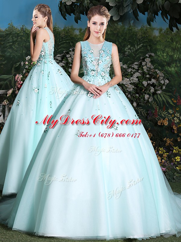 Glittering Scoop Light Blue Ball Gowns Beading and Appliques Sweet 16 Dress Lace Up Tulle Sleeveless