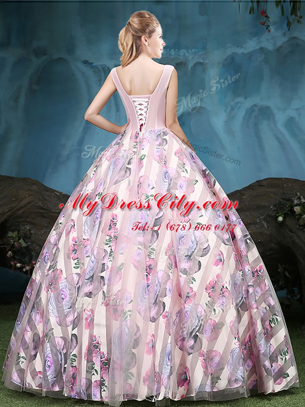 Glittering Straps Multi-color Tulle Lace Up 15th Birthday Dress Sleeveless Floor Length Appliques and Pattern