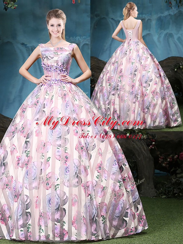 Glittering Straps Multi-color Tulle Lace Up 15th Birthday Dress Sleeveless Floor Length Appliques and Pattern