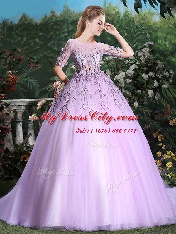Great Lilac Vestidos de Quinceanera Military Ball and Sweet 16 and Quinceanera and For with Appliques Scoop Short Sleeves Brush Train Backless