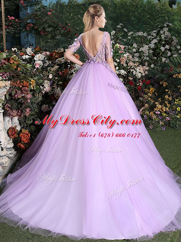 Great Lilac Vestidos de Quinceanera Military Ball and Sweet 16 and Quinceanera and For with Appliques Scoop Short Sleeves Brush Train Backless