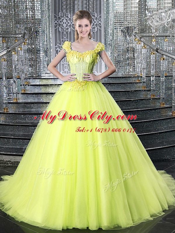 Great Straps Beading and Appliques Quinceanera Gown Yellow Lace Up Sleeveless With Brush Train