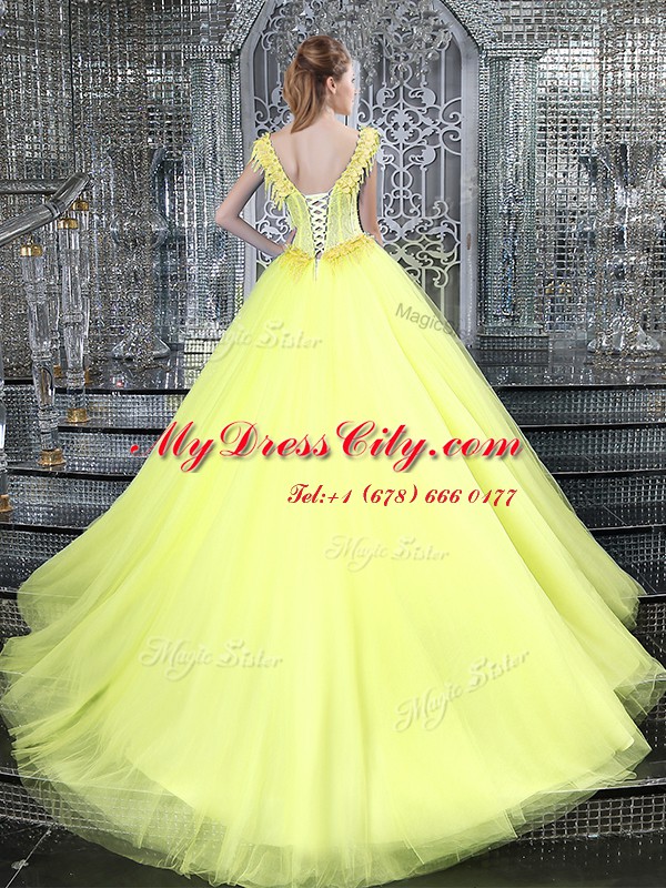 Great Straps Beading and Appliques Quinceanera Gown Yellow Lace Up Sleeveless With Brush Train